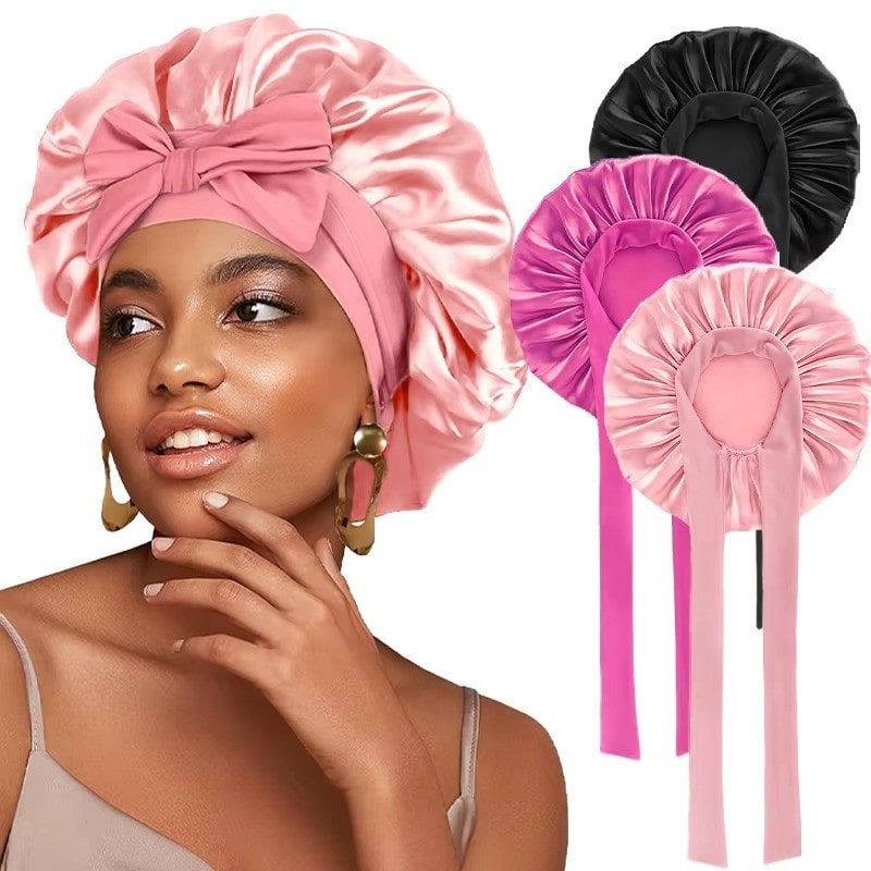 Adjustable Satin Bonnet with Tie Band for Sleeping RosyasT