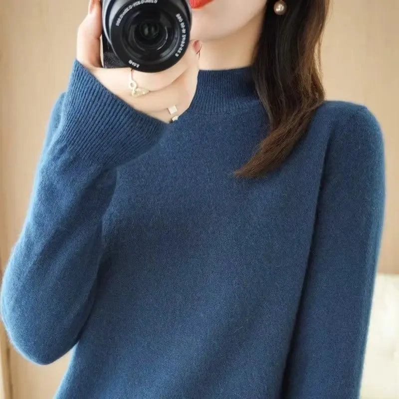 Half High Collar Women's Sweater Autumn & Winter Basic Knitwear Long Sleeve  Pullover RosyasT