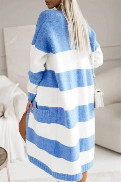 Casual Knitted Cardigan For Women Loose Long Sleeve Pocket Contrast Color Striped Extended Sweater Coat Autumn Winter New Style RosyasT