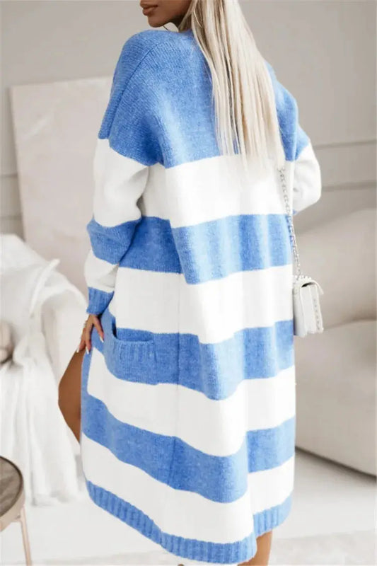 Casual Knitted Cardigan For Women Loose Long Sleeve Pocket Contrast Color Striped Extended Sweater Coat Autumn Winter New Style RosyasT