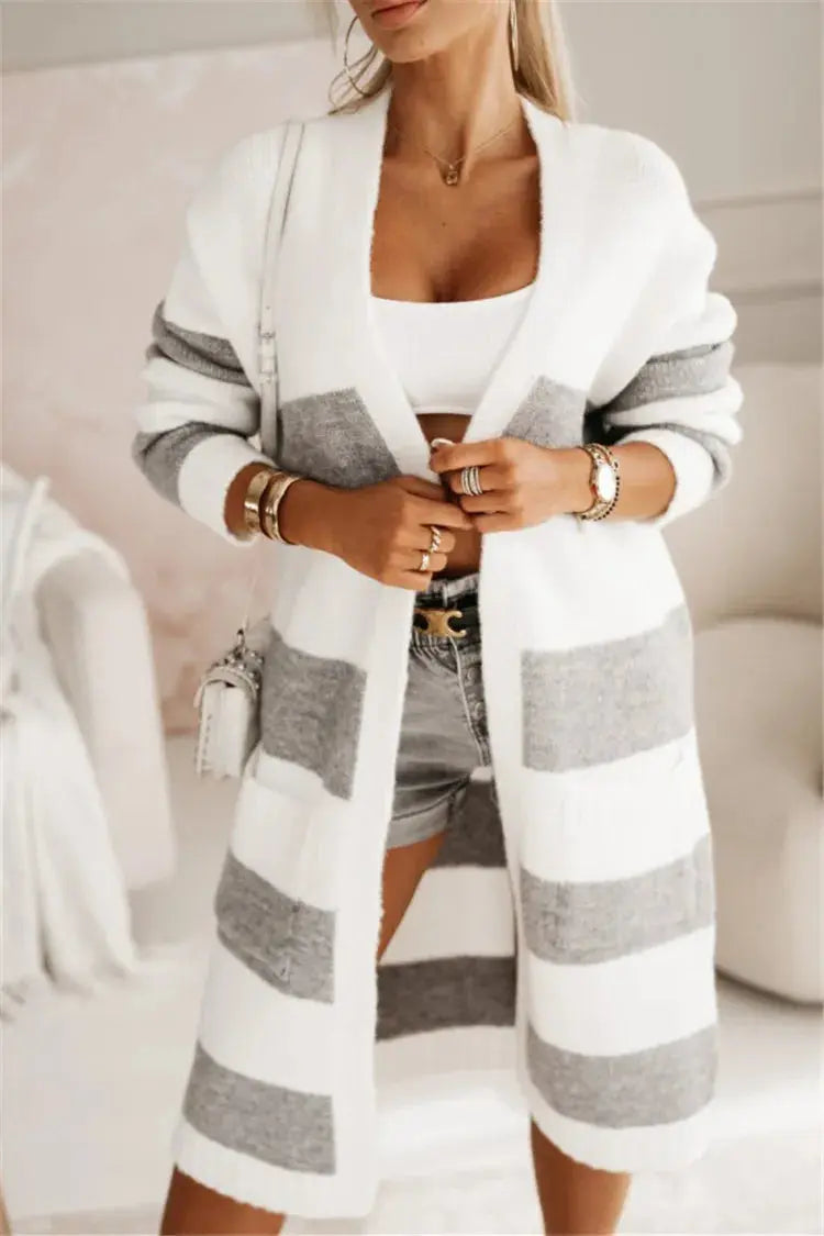 Casual Knitted Cardigan For Women Loose Long Sleeve Pocket Contrast Color Striped Extended Sweater Coat Autumn Winter New Style RosyasT