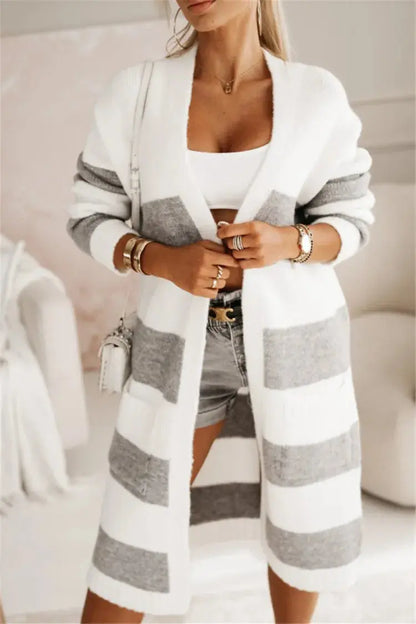 Casual Knitted Cardigan For Women Loose Long Sleeve Pocket Contrast Color Striped Extended Sweater Coat Autumn Winter New Style RosyasT