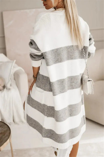 Casual Knitted Cardigan For Women Loose Long Sleeve Pocket Contrast Color Striped Extended Sweater Coat Autumn Winter New Style RosyasT