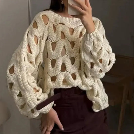 Elegant Crochet Hollow Out Sweater Autumn Winter Fashion Resort Blouses RosyasT