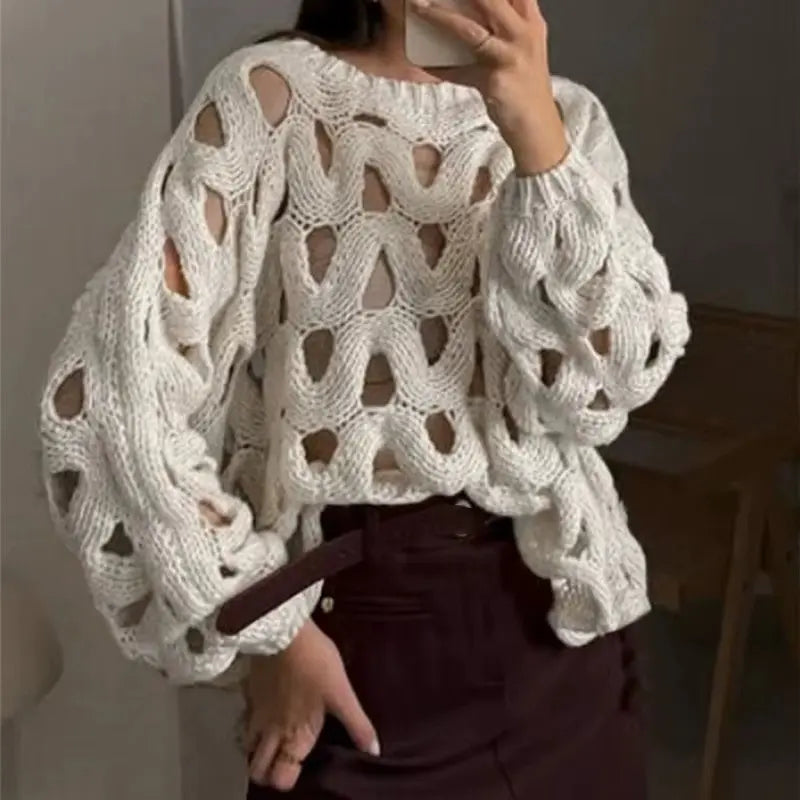 Elegant Crochet Hollow Out Sweater Autumn Winter Fashion Resort Blouses RosyasT