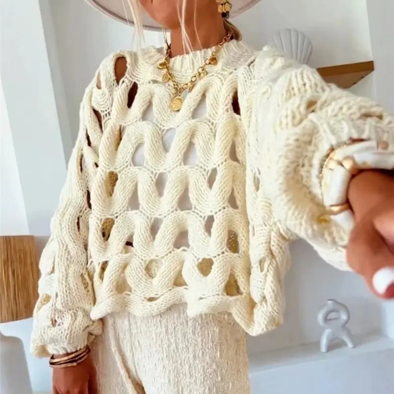 Elegant Crochet Hollow Out Sweater Autumn Winter Fashion Resort Blouses RosyasT