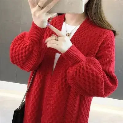 Oversized Knitted Cardigan V-neck Puff Long Loose Sleeves Solid Color for Women RosyasT