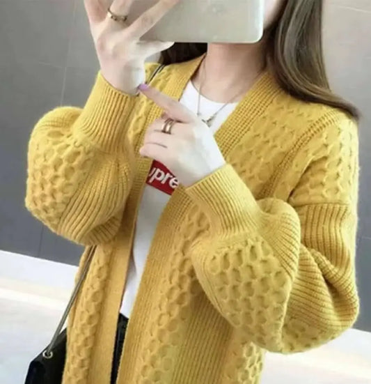 Oversized Knitted Cardigan V-neck Puff Long Loose Sleeves Solid Color for Women RosyasT