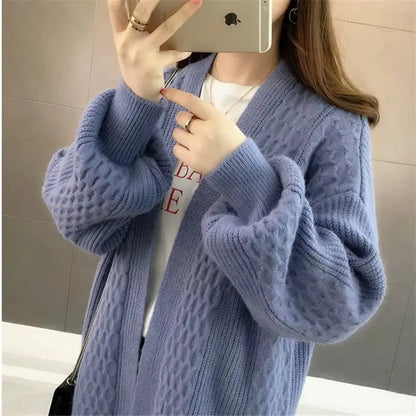 Oversized Knitted Cardigan V-neck Puff Long Loose Sleeves Solid Color for Women RosyasT