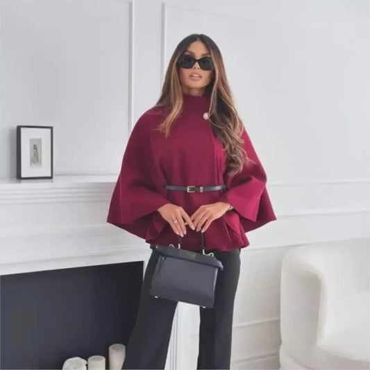 Women's jackets Autumn O-Neck one Botton Woolen Cloak Casual Solid Batwing Long Flare Sleeves Outwear