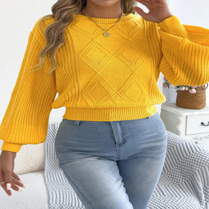 Women's Solid Color Round Neck Lantern Long Sleeve Knitted Sweaters for 2025 Autumn Winter Clothes Yellow Red Khaki RosyasT
