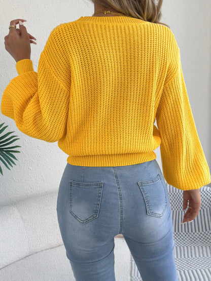 Women's Solid Color Round Neck Lantern Long Sleeve Knitted Sweaters for 2025 Autumn Winter Clothes Yellow Red Khaki RosyasT
