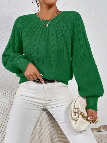 Solid Color Casual Knitted Sweater Round Neck Long Sleeve Thread Women's RosyasT