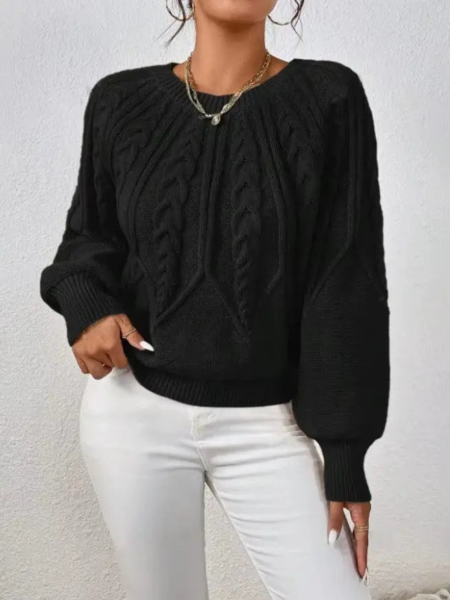 Solid Color Casual Knitted Sweater Round Neck Long Sleeve Thread Women's RosyasT