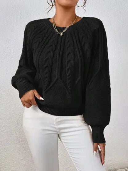 Solid Color Casual Knitted Sweater Round Neck Long Sleeve Thread Women's RosyasT