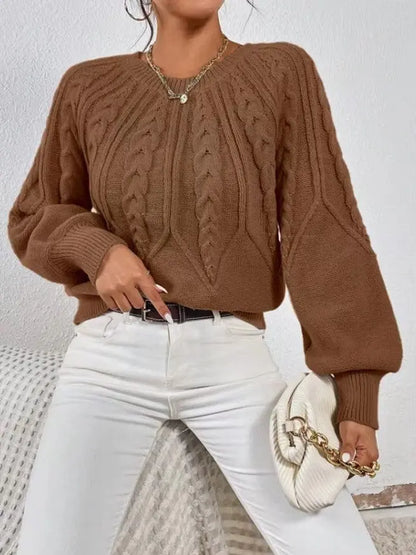 Solid Color Casual Knitted Sweater Round Neck Long Sleeve Thread Women's RosyasT
