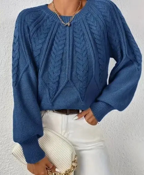 Solid Color Casual Knitted Sweater Round Neck Long Sleeve Thread Women's RosyasT