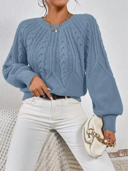 Solid Color Casual Knitted Sweater Round Neck Long Sleeve Thread Women's RosyasT