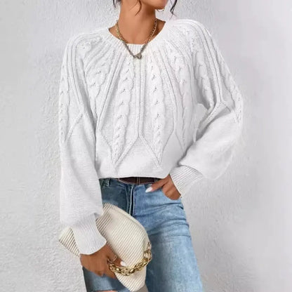 Solid Color Casual Knitted Sweater Round Neck Long Sleeve Thread Women's RosyasT