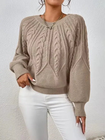 Solid Color Casual Knitted Sweater Round Neck Long Sleeve Thread Women's RosyasT