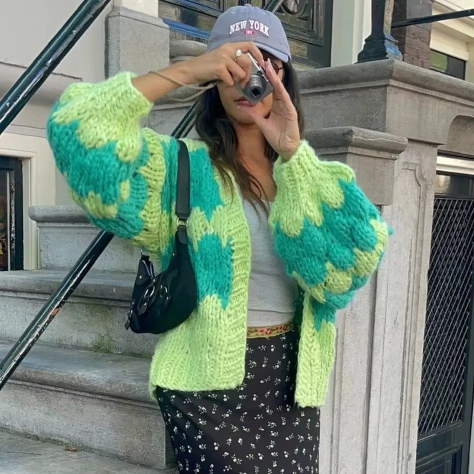 Vintage Stripe Lantern Sleeves Knitted Cardigan Women's Cropped Aesthetic Cardigan RosyasT