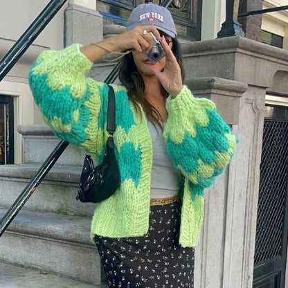 Vintage Stripe Lantern Sleeves Knitted Cardigan Women's Cropped Aesthetic Cardigan RosyasT