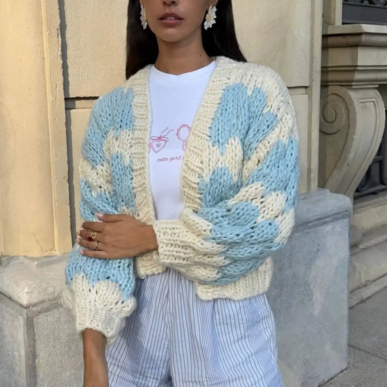 Vintage Stripe Lantern Sleeves Knitted Cardigan Women's Cropped Aesthetic Cardigan RosyasT