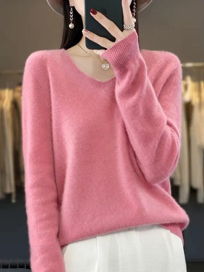 Pure Wool V-neck Autumn And Winter Pullover New Cashmere Sweater Women's Casual Knitted RosyasT