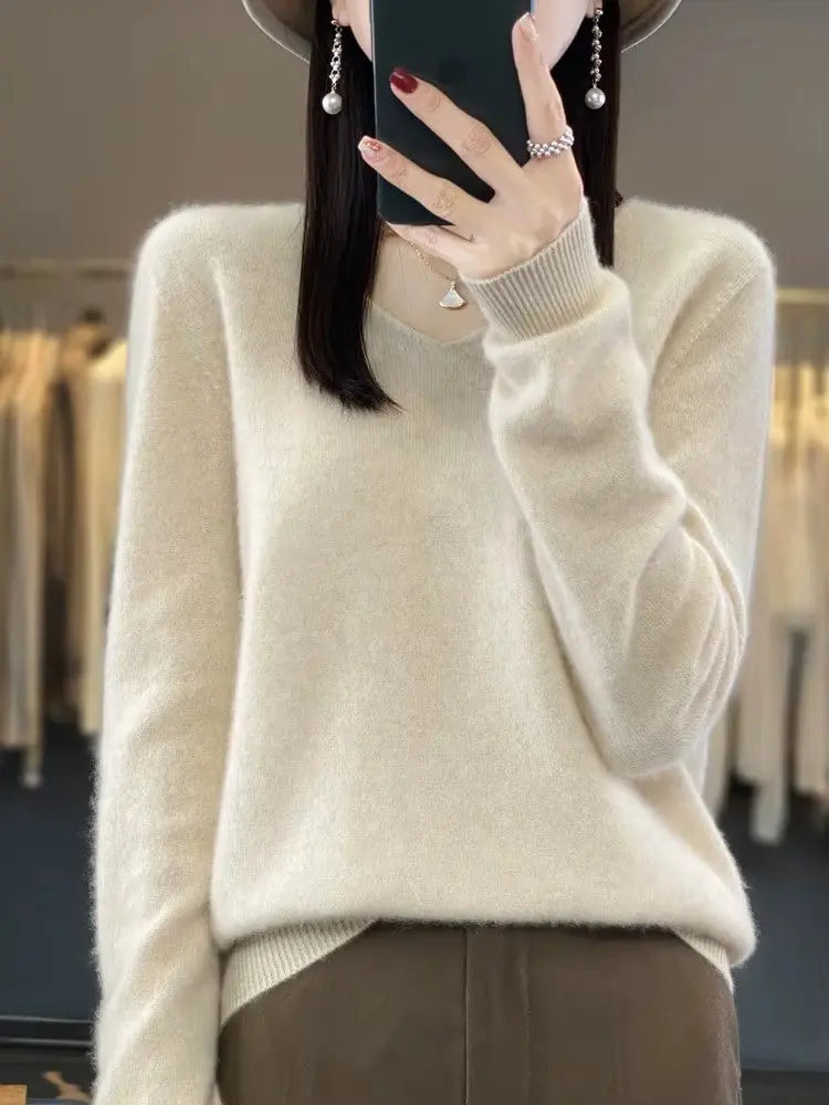 Pure Wool V-neck Autumn And Winter Pullover New Cashmere Sweater Women's Casual Knitted RosyasT