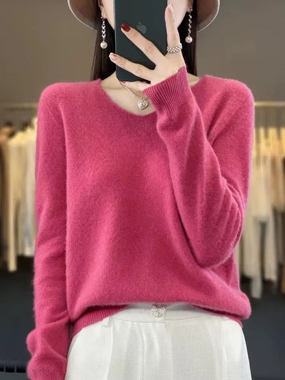 Pure Wool V-neck Autumn And Winter Pullover New Cashmere Sweater Women's Casual Knitted RosyasT