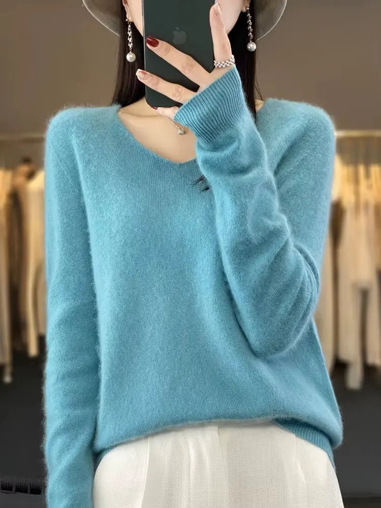 Pure Wool V-neck Autumn And Winter Pullover New Cashmere Sweater Women's Casual Knitted RosyasT